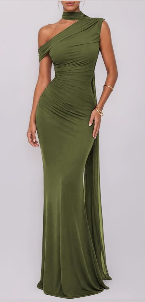 Women's One Shoulder Mesh Ribbon Ruched Formal Maxi Dress