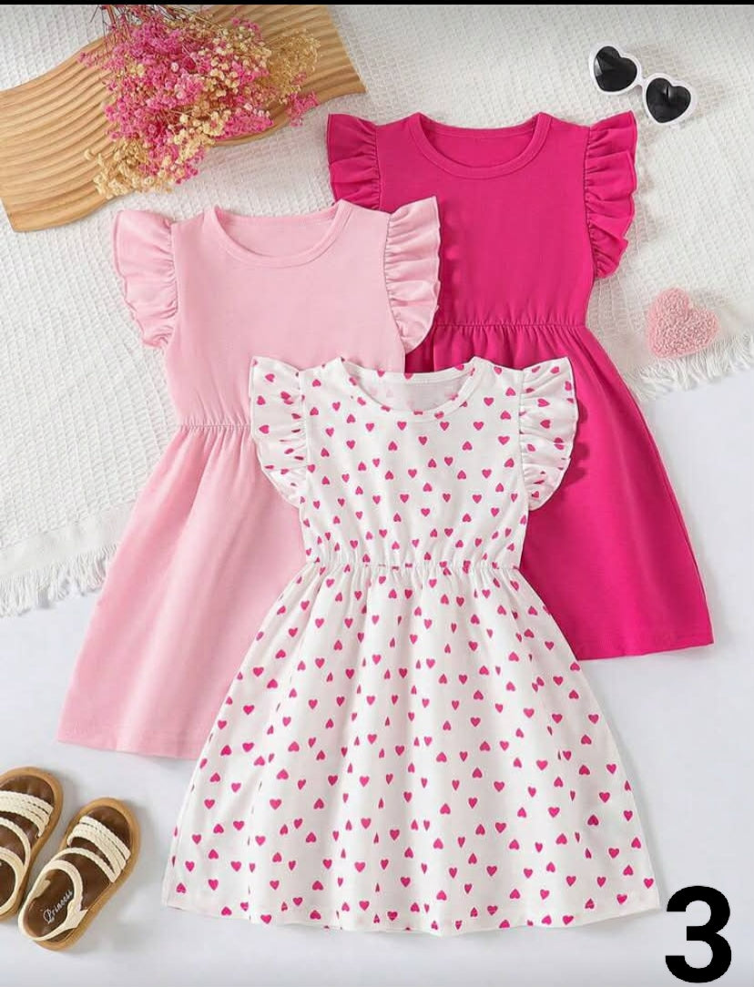 3pcs/Set Young Girls'  Summer Fashion Flutter Sleeve Heart Print + Solid Color Patchwork Casual Dress Outfit