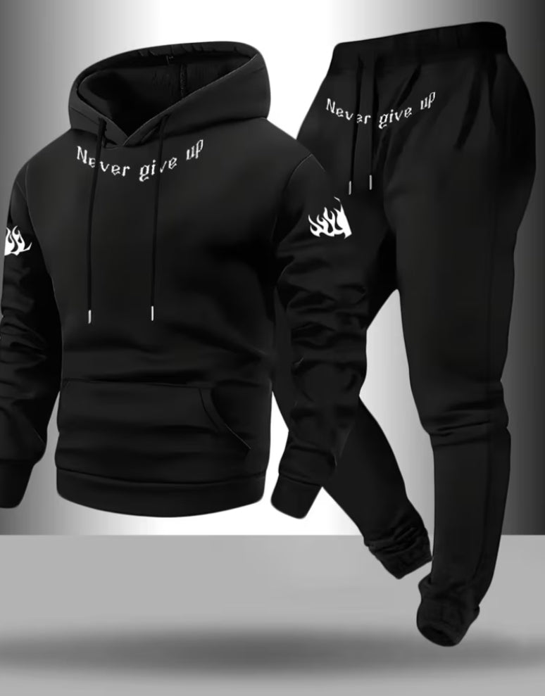 2 pcs Men'S Casual Letter Pattern Print Drawstring Pocket Hoodie And Athletic Drawstring Long Pants Matching Set