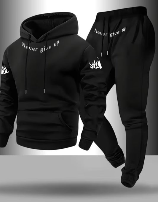 2 pcs Men'S Casual Letter Pattern Print Drawstring Pocket Hoodie And Athletic Drawstring Long Pants Matching Set