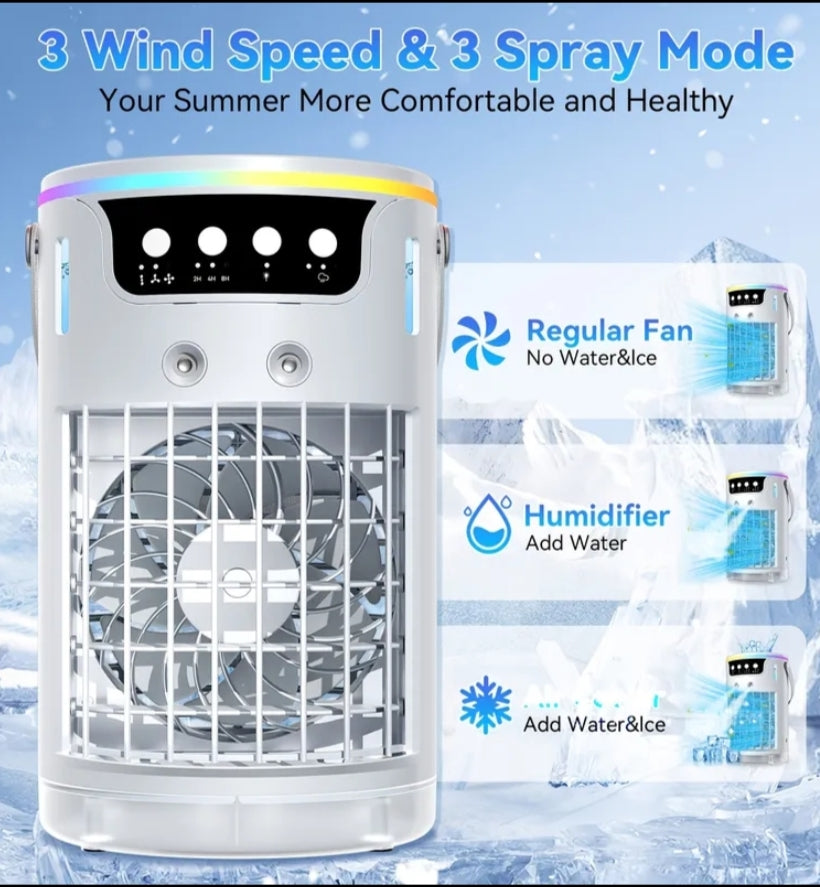 This Is a Versatile 3-In-1 Air Conditioning Fan That Features USB-C Charging, Humidifying And Cooling Functions, a 40.57Oz Water Reservoir, Remote Control, Timer, Seven Color LED Lights, And Various Fan Speeds.