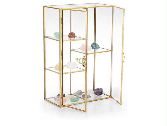 Gold Brass Glass Display Organizer Cabinet with Doule Doors and Lock