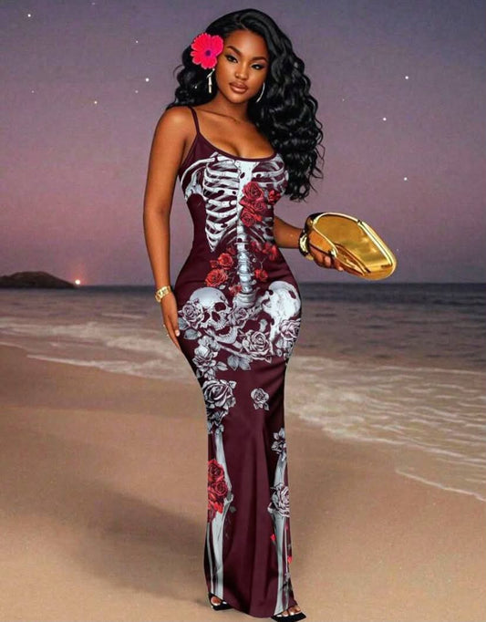 Plus Size Skeleton Rose Print Casual Dress,