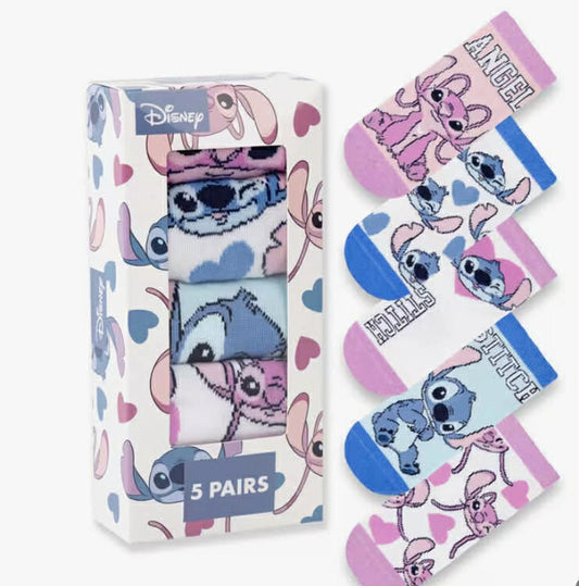 Set of 5 Cartoon Stitch & Angel Characters Footwear  Comfortable Everyday Socks  Kids Accessories