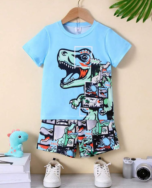 2pcs Set Toddler Boys' Colorful Dinosaur Print Short Sleeve T-Shirt And Shorts Set, Summer