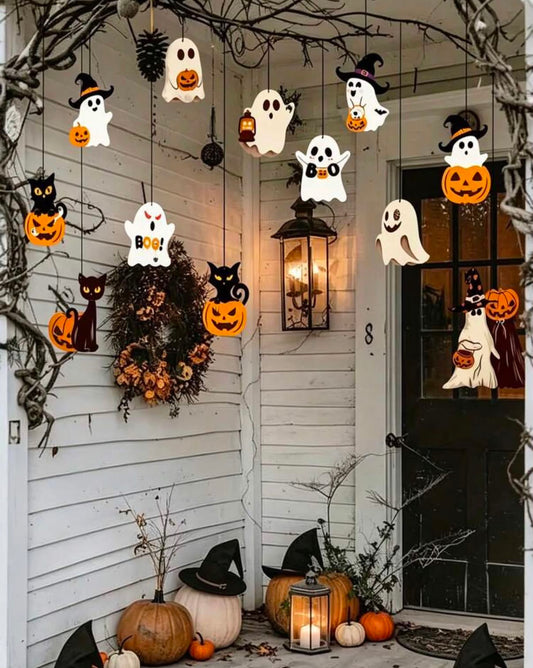 12 Halloween Hanging Decorations, Ghost, Black Cat, Pumpkin, Skeleton Hanging