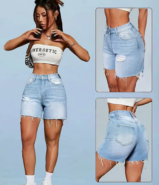 Fashionable Versatile Elastic Denim Three-Point Ripped Denim Shorts Women