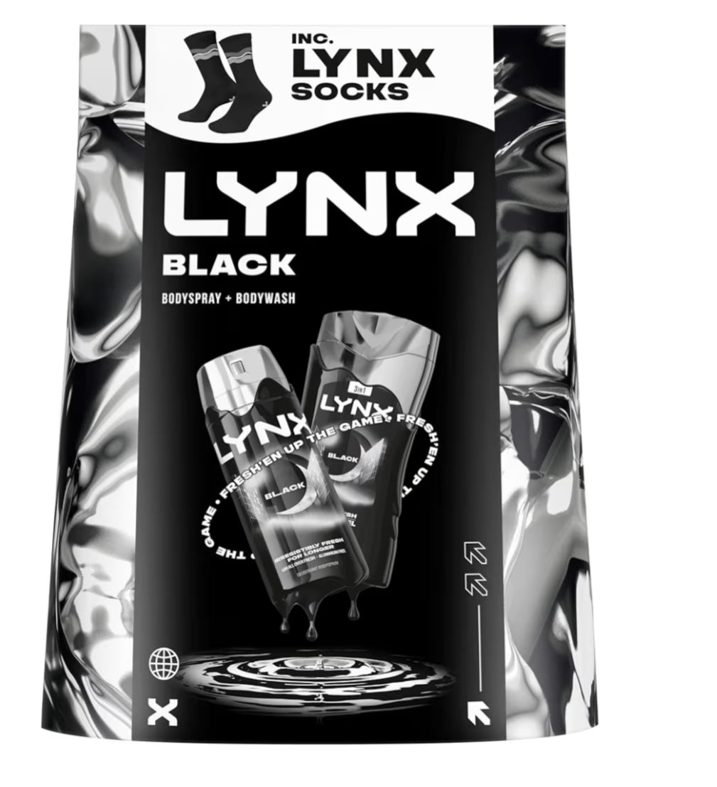 Lynx Gift Set Africa & Sunset Fresh or lynx black with a body spray, a body wash and Socks perfect gifts for him 2 piece