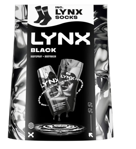Lynx Gift Set Africa & Sunset Fresh or lynx black with a body spray, a body wash and Socks perfect gifts for him 2 piece