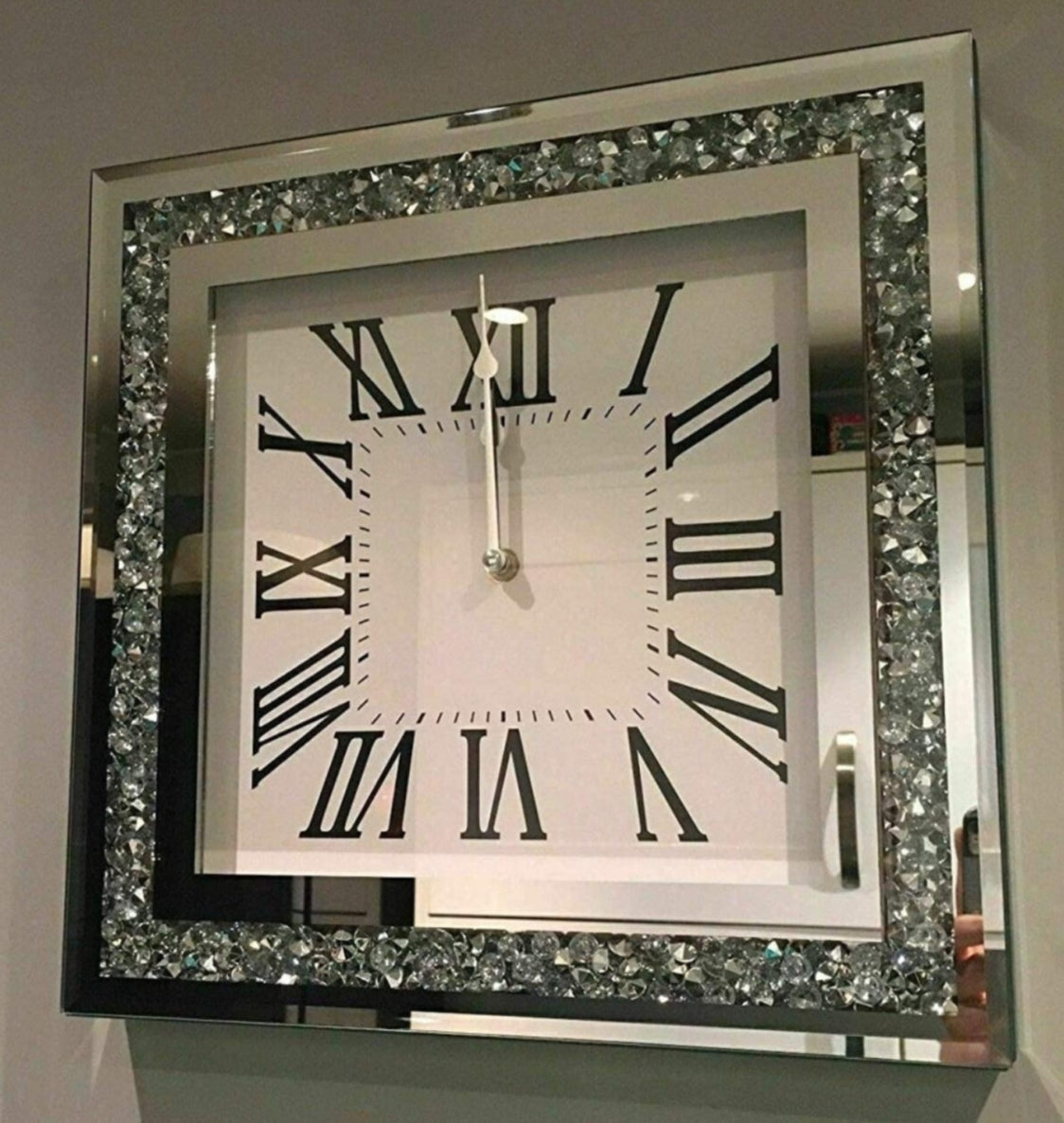 CLOCK Diamante Wall Mount Crystal Crushed Diamond Mirror Jewel Roman Wall Clock