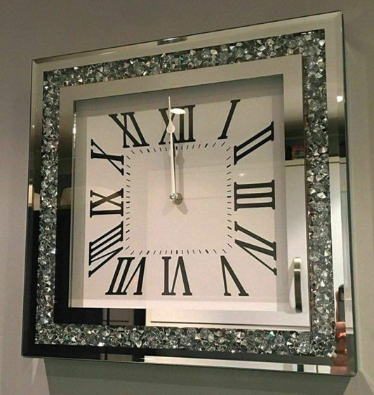 CLOCK Diamante Wall Mount Crystal Crushed Diamond Mirror Jewel Roman Wall Clock