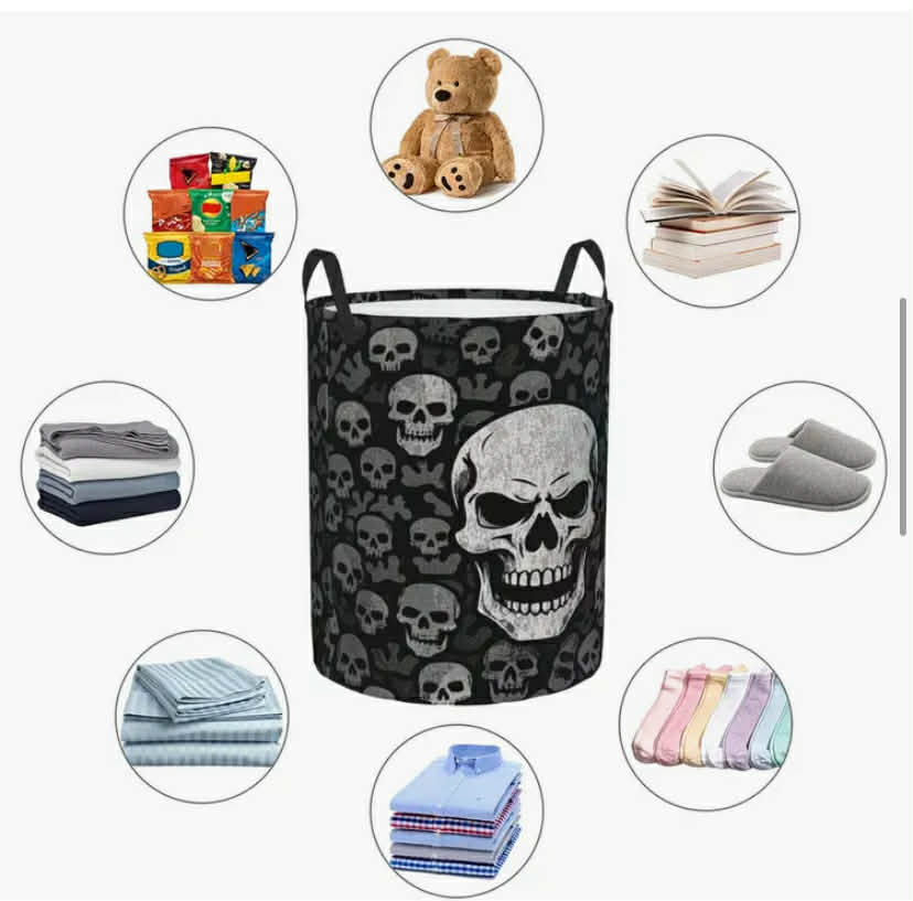 A Storage Basket Designed with a Gray-Toned Skull Motif, Featuring High-Quality, Foldable Storage Options.