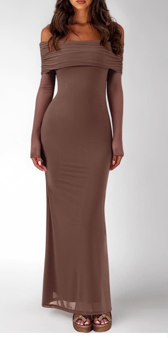 Women Off Shoulder Long Sleeve Dress Elegant Sexy Stretch Mesh Double Lined Slim Trendy Long Dresses
