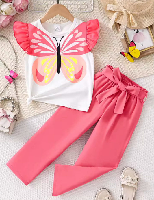 Summer new style casual children's set, breathable girls' butterfly print T-shirt and straight-leg pants two-piece set