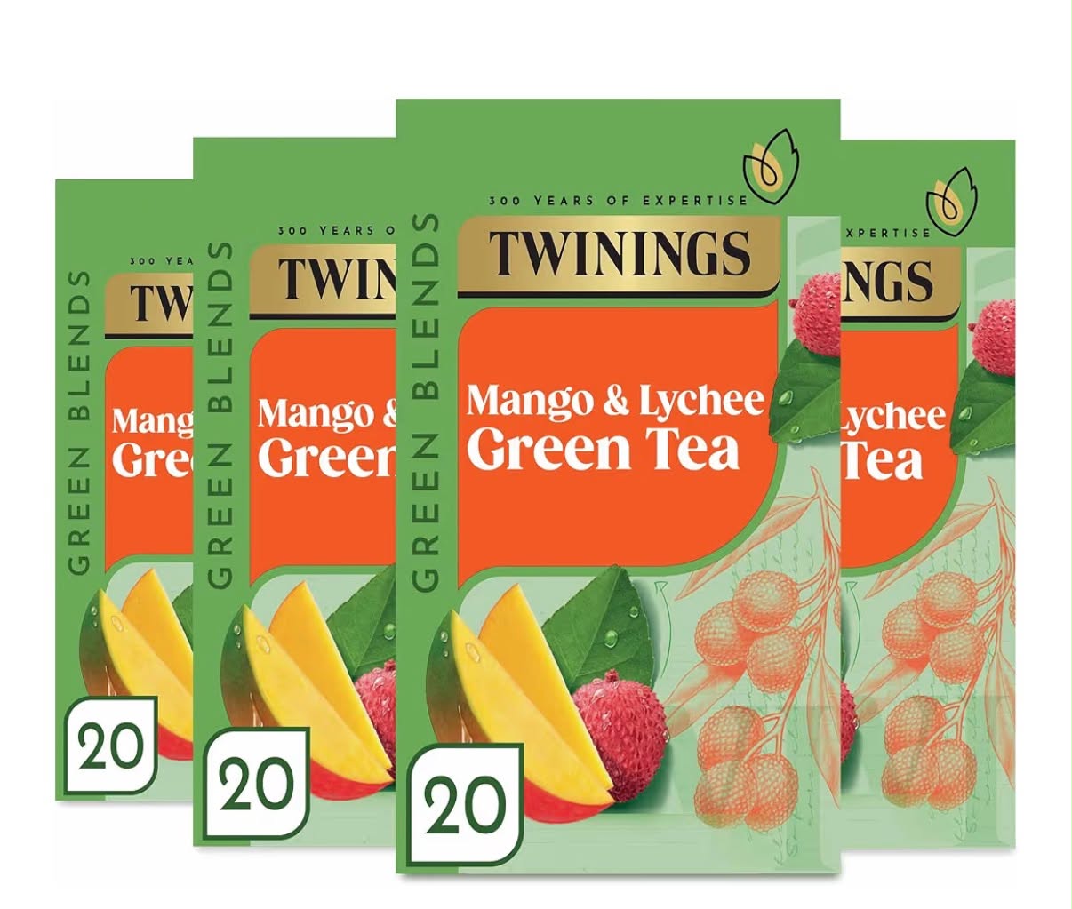 Twinings Mango and Lychee Green Tea, 80 Tea Bags (Multipack of 4 x 20 Tea Bags)