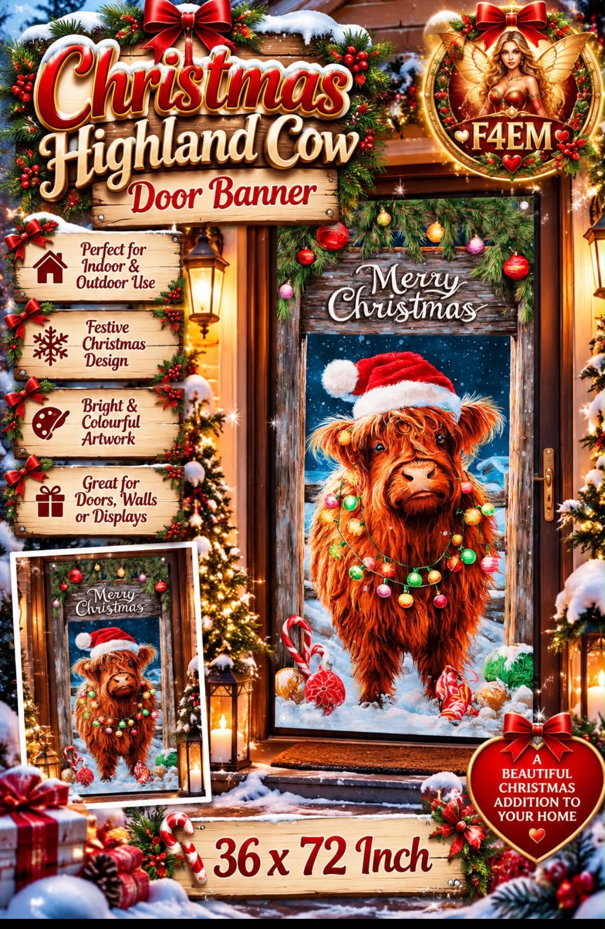 Christmas Highland Cow Door Banner