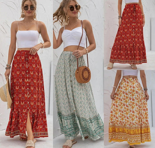 Ladies Summer Beach Gypsy Floral Long Maxi Full Skirts Casual Party Dresses Size