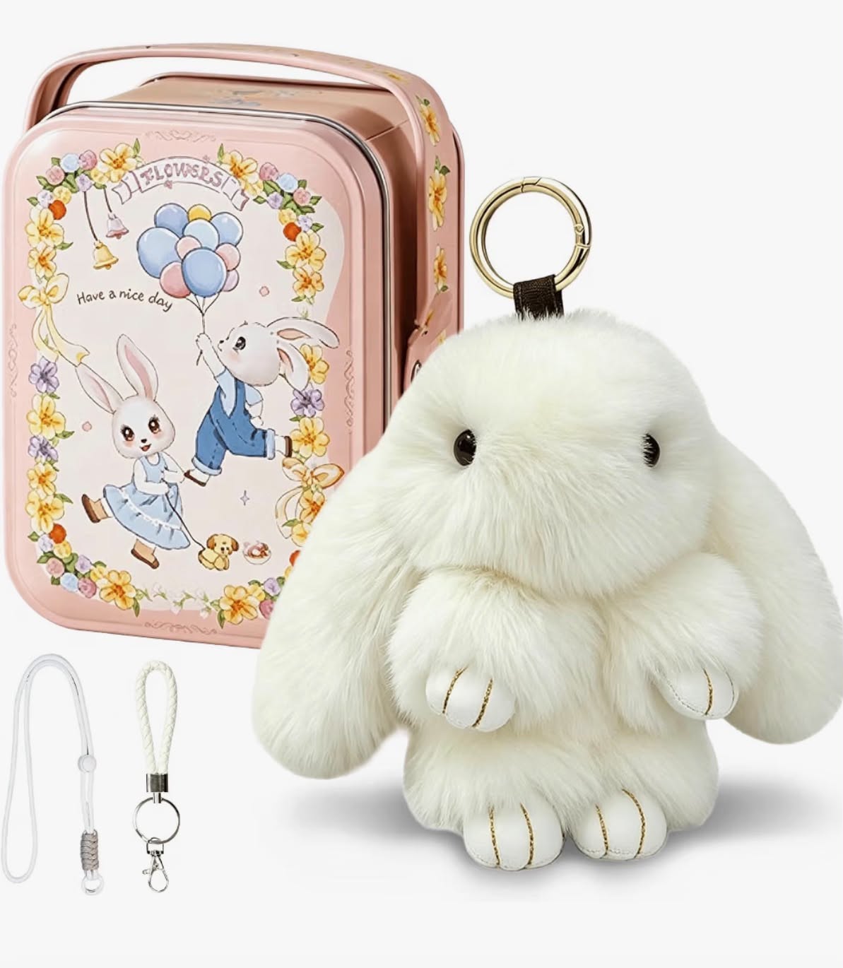 Cute Fluffy Bunny Plush Keychain with Tin Storage Box
Soft Rabbit Key Ring Charm Complete with Short & Long Strings and Gift Bags,
