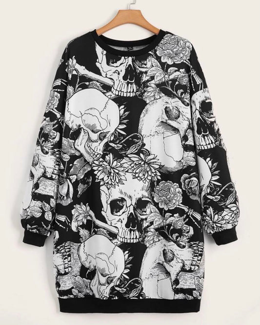 Skull Print Drop Shoulder Sweatshirt Dress Fall