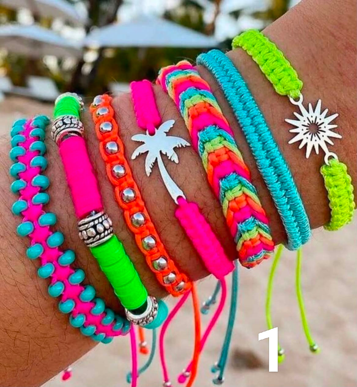 7pcs/Set Handmade Adjustable Bracelets With Ocean Theme Dopamine Color Charms, Including Coconut Tree, Sun Pendant,