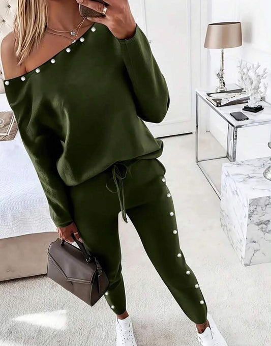 2pcs Women's Chic Casual Solid Color Long Sleeve Top And Pants Set Elegant