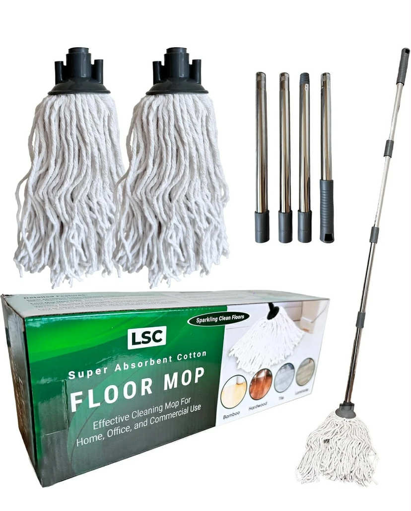 Cotton Mop Floor Cleaning with 2 Reusable Mop Heads & 120cm Long Steel Handle