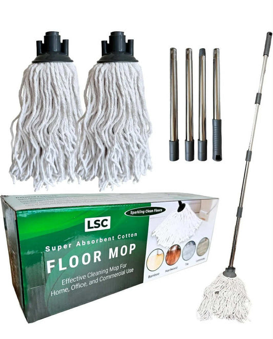 Cotton Mop Floor Cleaning with 2 Reusable Mop Heads & 120cm Long Steel Handle