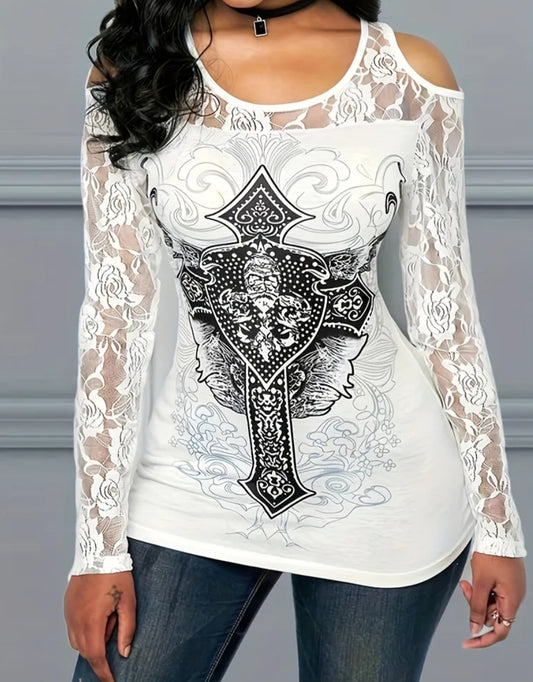 Plus Size - White Mid-Length Slim-Fit Casual Color Block Pattern T-Shirt