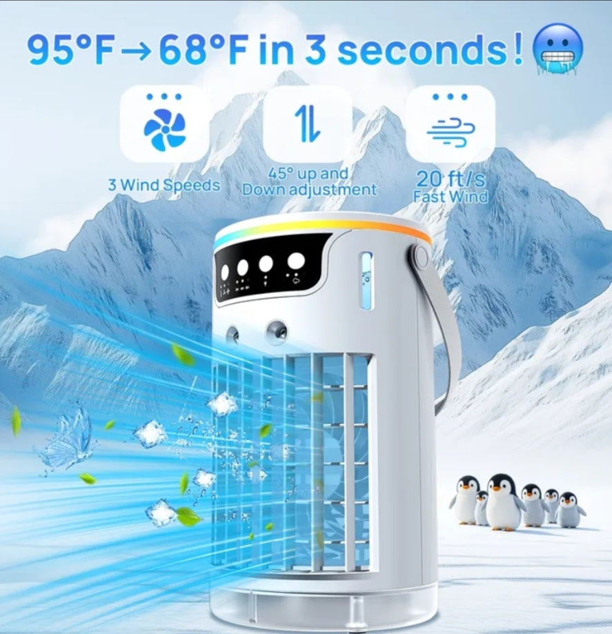 This Is a Versatile 3-In-1 Air Conditioning Fan That Features USB-C Charging, Humidifying And Cooling Functions, a 40.57Oz Water Reservoir, Remote Control, Timer, Seven Color LED Lights, And Various Fan Speeds.