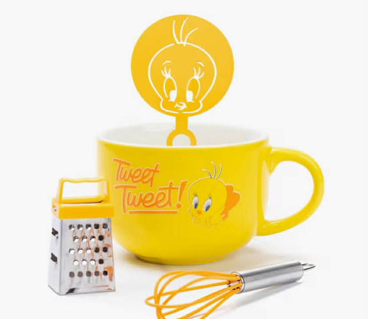 LOONEY TUNES Mug and Stencil Accessories Set Tweety Cappuccino Cup Coffee Barista Birthday Gifts White Ceramic Homeware One Size