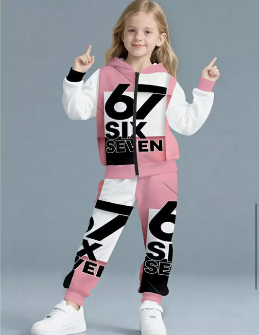 Zipper Shirt And Pants Set Pink White Trendy Cool Number 67 Set Color Contrasting Letter Printed Hooded Sweatshirt And Pants Two Piece Set, for Outdoor