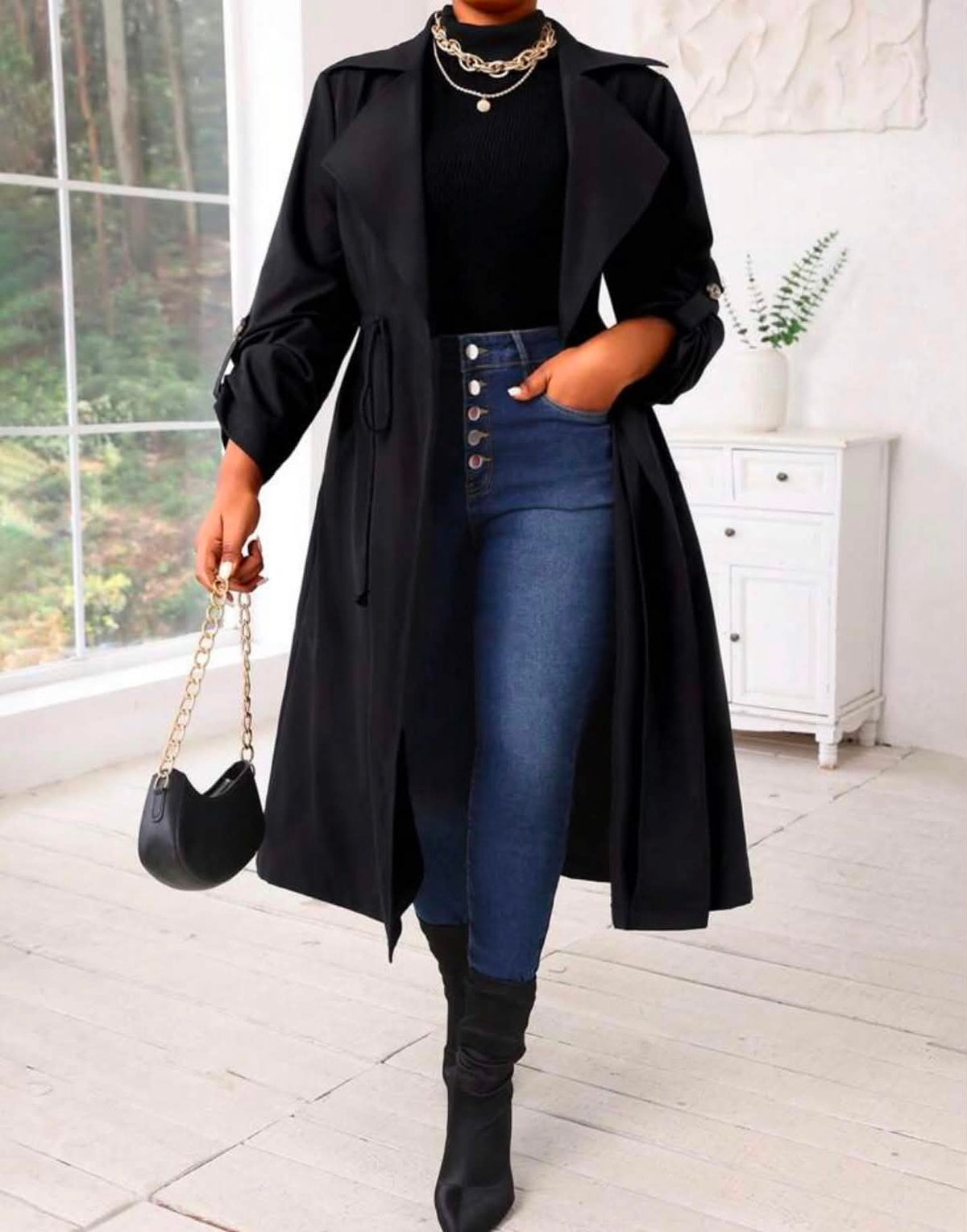 Autumn And Winter Casual Black Woven Waterfall Button Front Midi  Plus Size Trench Coats Women Coats Going Out Outfits
