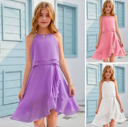 Girls Dresses Sleeveless Summer Dress Kids Party Dresses Elegant Ruffled Split Hem