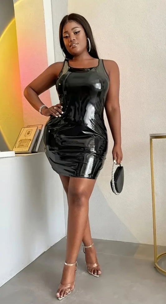 Women Plus Size Sexy Sleeveless Tank Bodycon Dress Ladies Shiny Patent Mini Dress