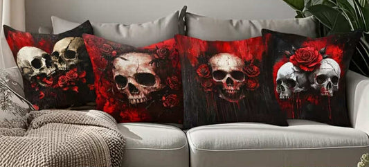 4 pcs Gothic Skull and Rose Print Throw Pillow Covers