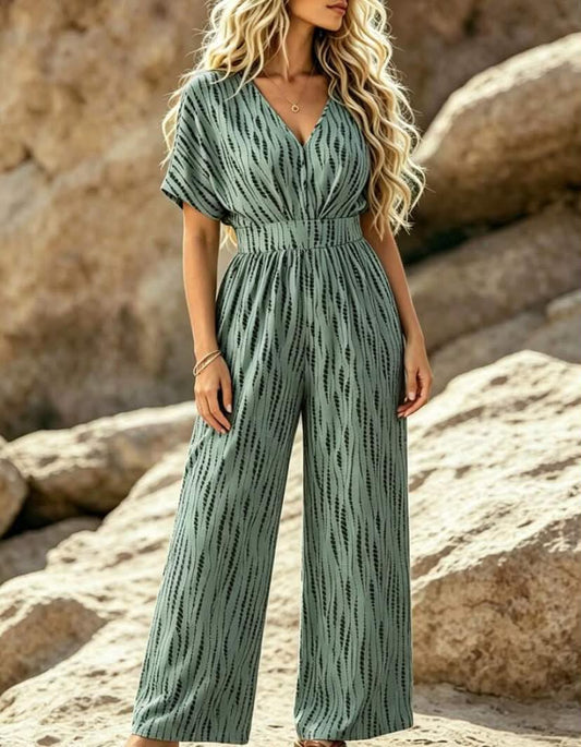 Plus Size Women V-Neck Short Sleeve Striped Print Elastic Waist Elegant Casual Jumpsuit