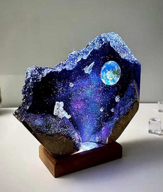Drawelry Creative Epoxy Resin Wood Light Lamp, Space Astronaut and Interstellar Resin Multicolor USB LED Night Light Handmade Resin Wooden Lamp