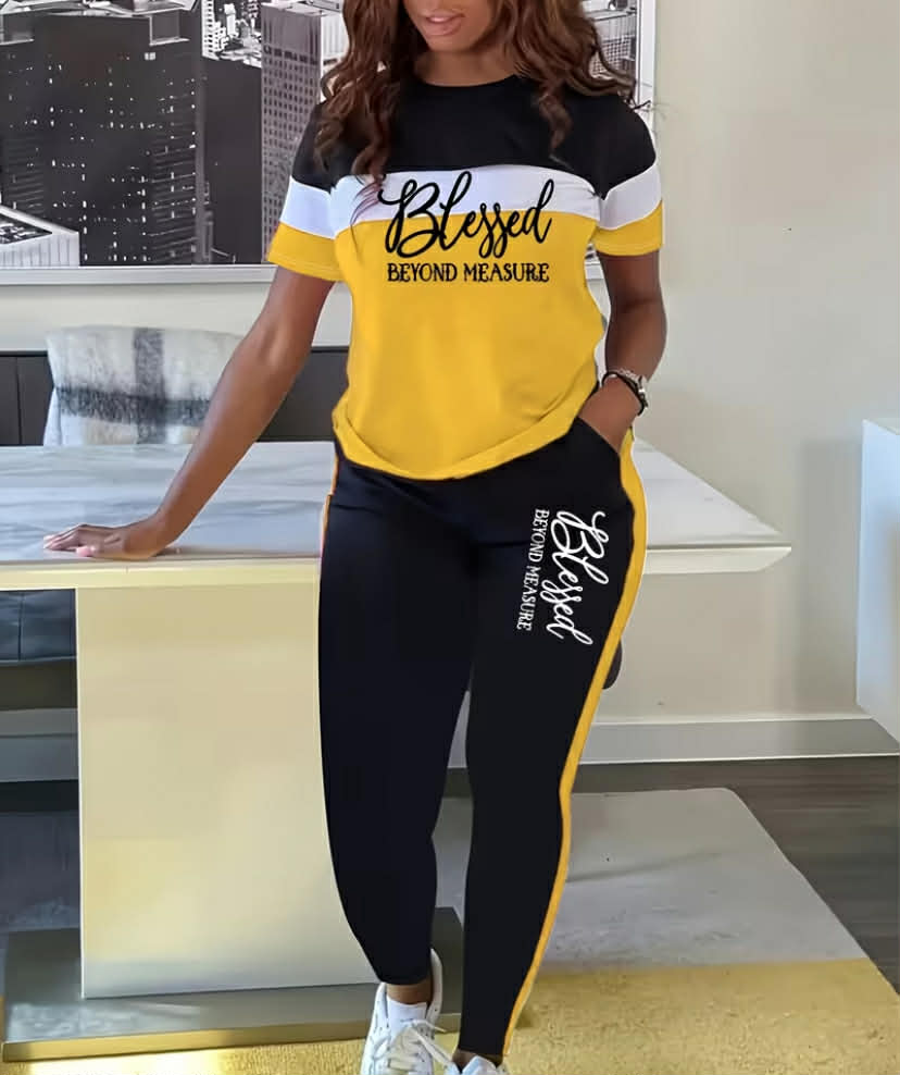 Women's 2 pcs Set, Casual Clash Color Round Neck Short Sleeve T-shirt and Pants Set, Pants with Pockets
