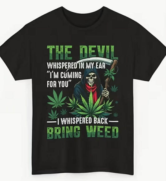 Men'S Fun Devil Marijuana Pattern T-shirt - Enthusiast Style with Leaves and Cigarette Butt Art, Comfortable Cotton Street Style Training Running Fitness Leisure Tee