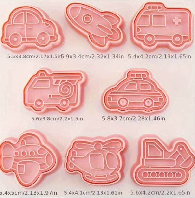 8 pcs Transportation Cookie Cutter Set - Cartoon Car, Airplane, Rocket, Excavator, Ambulance Designs - 3D