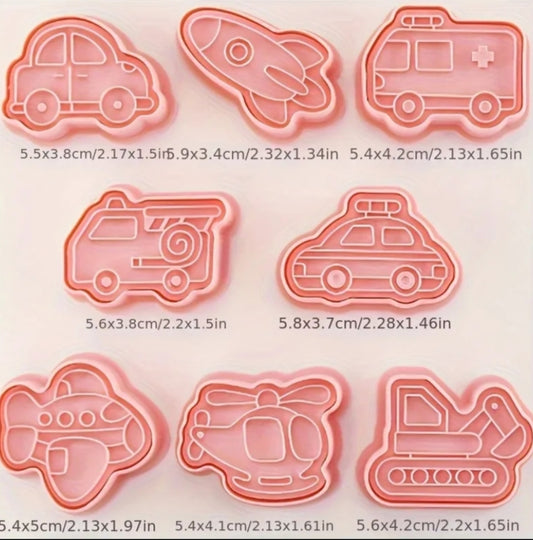 8 pcs Transportation Cookie Cutter Set - Cartoon Car, Airplane, Rocket, Excavator, Ambulance Designs - 3D