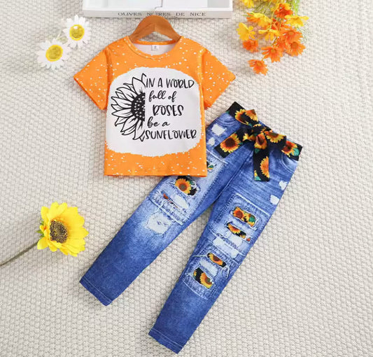 2 pcs Girl Sunflower Printed Knitted round Neck Short Sleeved T-shirt Summer Thin Imitation Jeans Slim Fit