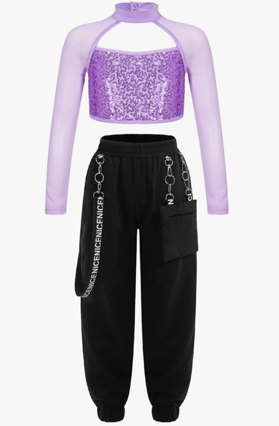 Kids Hip Hop Dance Clothes Girls Street Dance Outfits Mesh Sleeves Sequins Crop Tops and Jogger Pants Set