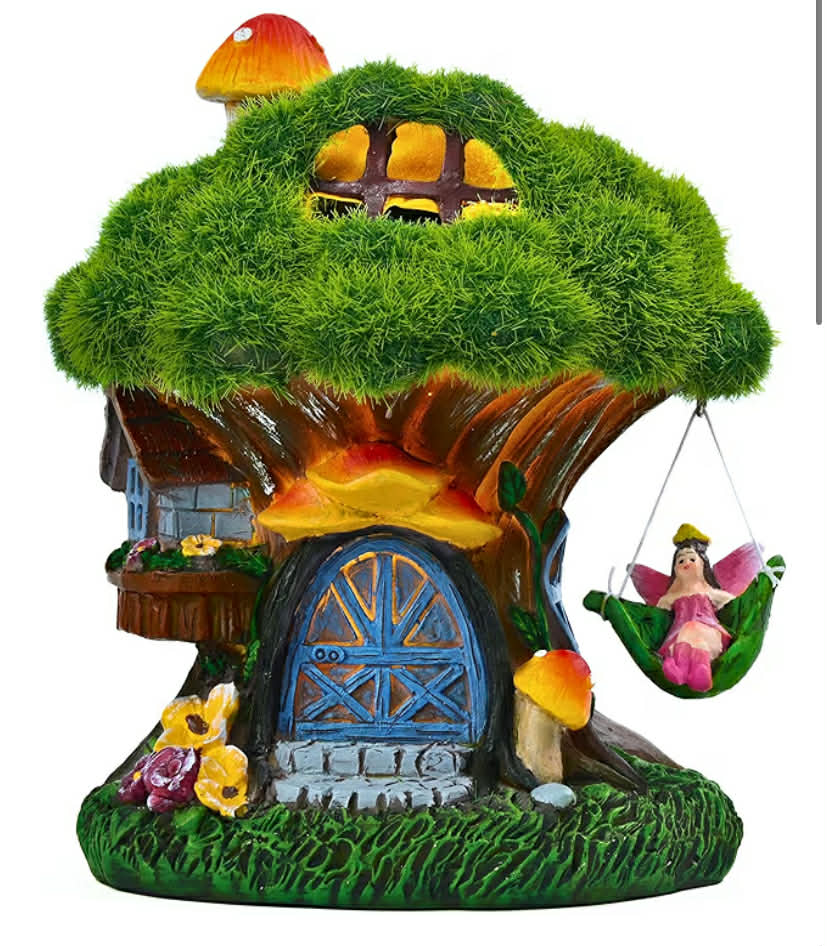 Garden Ornaments Outdoors, Solar Green Tree House with Swinging Fairy, Waterproof Resin Fairy House Ornaments, Indoor Outdoor 13CM