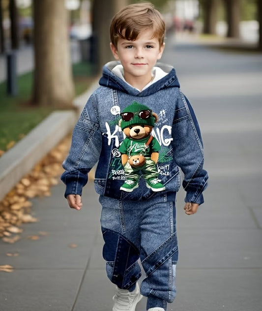2 pcs Boys' Loose Cartoon Bear Graphic Casual Minimalist Comfort Imitation Denim Long Sleeve Hoodie and Sweatpants Set