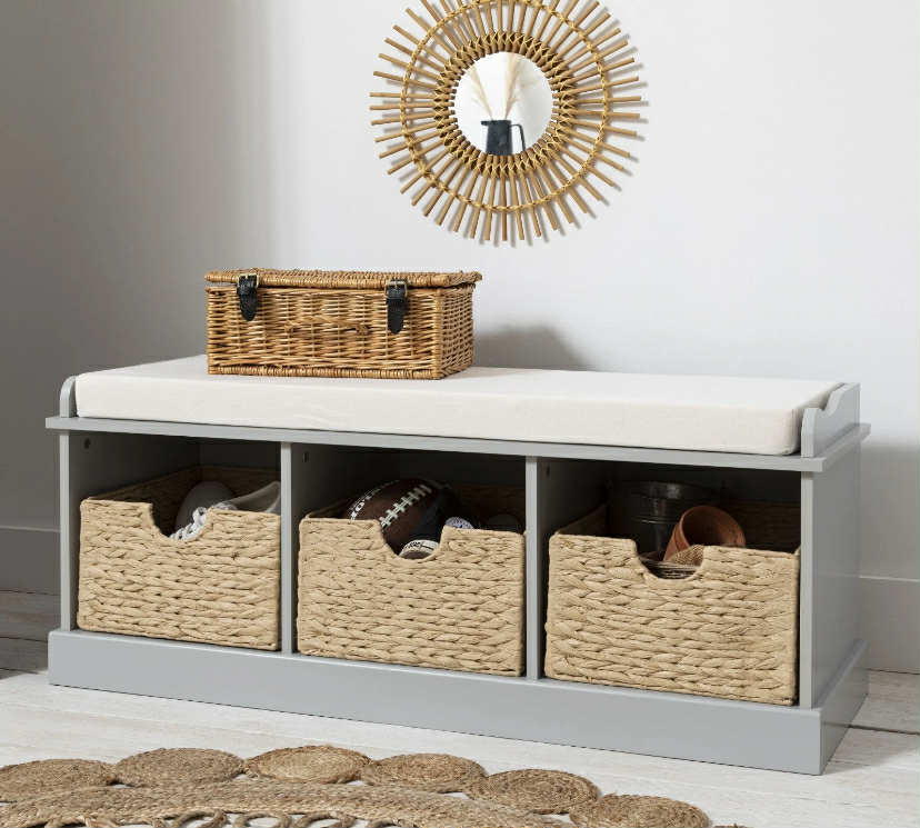 Stockholm Storage Bench with 3 Brown Baskets in Silk Grey