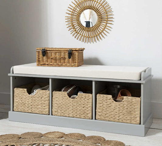 Stockholm Storage Bench with 3 Brown Baskets in Silk Grey