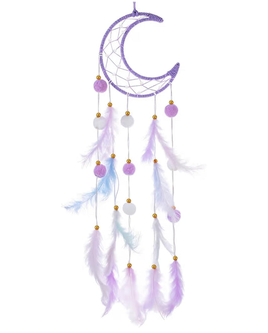Moon Dream Catcher Wall Decor, Purple Pompom Feather Dream Catchers