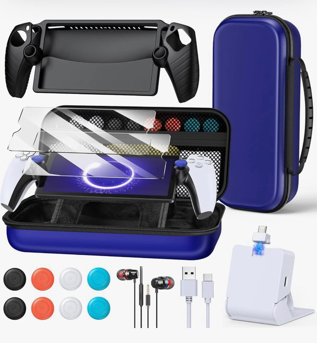 14 in 1 Accessories Bundle for PlayStation Portal, Carrying Case for PS Portal, Magnetic Charger Dock with Silicone Case for PS5 Portal, with 2 Screen Protectors, Wired Earphones, 8 Thumb Grips-White