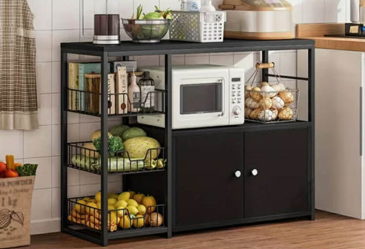 A Kitchen Cupboard Featuring a Flap Door And a Three-Tier Wire Basket